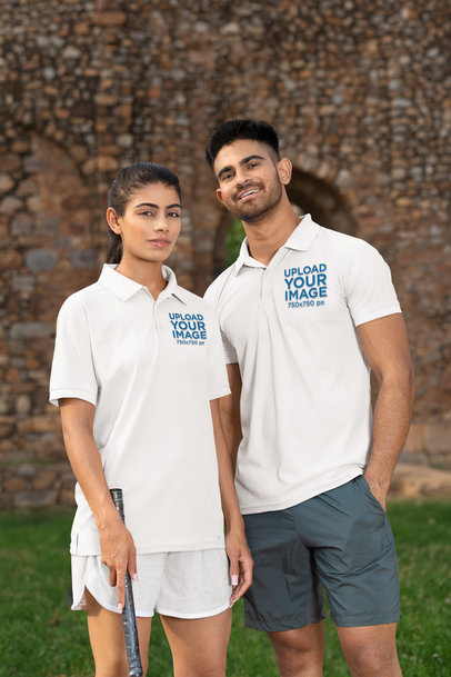 Gildan Polo Shirt Mockup Featuring a Smiling Man and a Woman in Cricket Uniforms