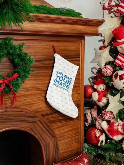 Christmas Stocking Mockup Featuring a Wooden Fireplace and Holiday Decorations