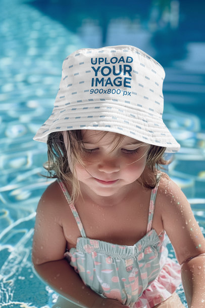 Bucket Hat Mockup Featuring an AI-Created Girl Playing in the Pool