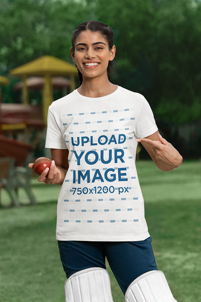 T-Shirt Mockup of a Smiling Woman Pointing at Her Cricket Uniform