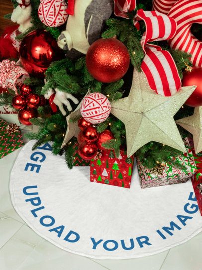 Mockup of a Christmas Tree Skirt Placed Under a Decorated Xmas Tree