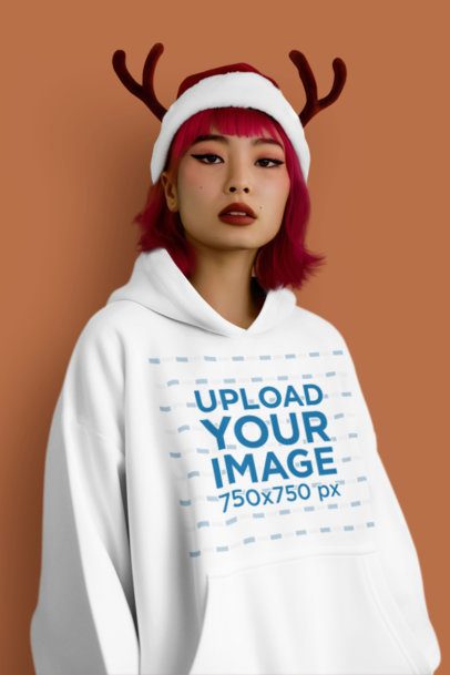 Alternative Xmas Mockup Featuring an AI-Created Woman Wearing a Pullover Hoodie