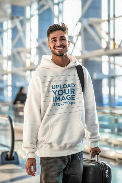 Hoodie Mockup of an AI-Created Man With a Joyful Expression Waiting in the Airport