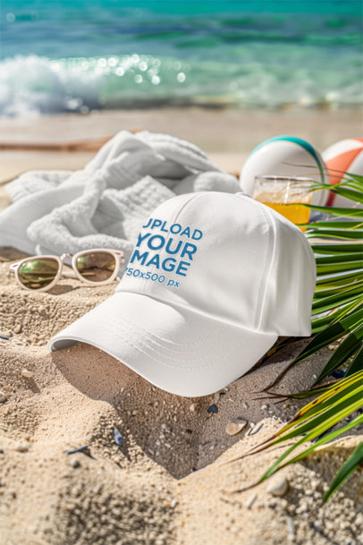 Mockup of an AI-Generated Embroidered Dad Hat Lying on the Beach