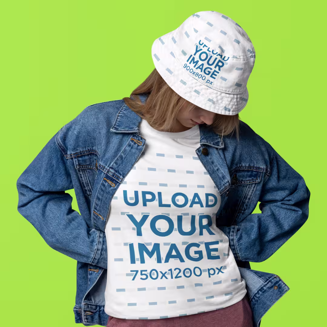 Bella Canvas T-Shirt Mockup Featuring A Woman Wearing A Bucket Hat And A Denim Jacket
