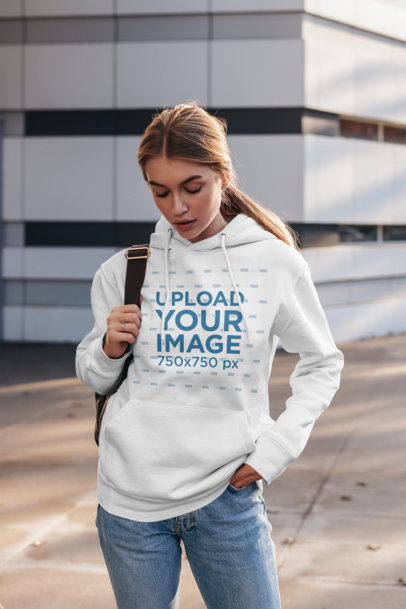 Pullover Hoodie Mockup of a Young Woman Wearing Jeans