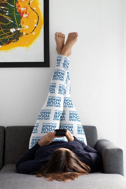 Plus Size Mockup Featuring a Woman Wearing Sublimated Leggings in Her Bedroom 