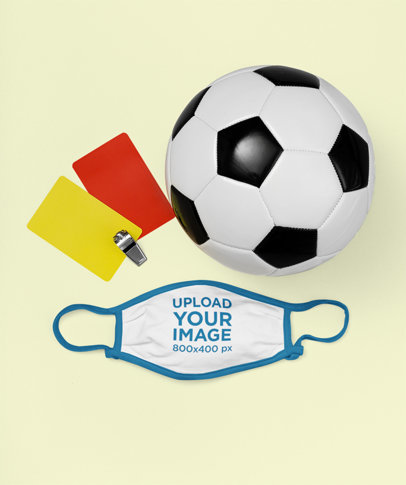 Face Mask Mockup Featuring a Soccer Ball and a Solid Color Backdrop 