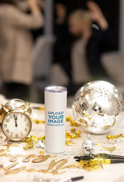 New Year-Themed Mockup Featuring a Skinny Tumbler Placed by Party Decorations