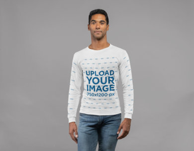 Long Sleeve T-Shirt Mockup of a Man in Plain Pose Looking at the Camera 